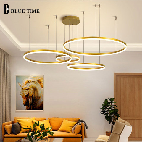 Minimaliste moderne Led lustre éclairage à la maison brossé anneaux plafond monté lustre éclairage suspension lampe or et café couleur ► Photo 1/6