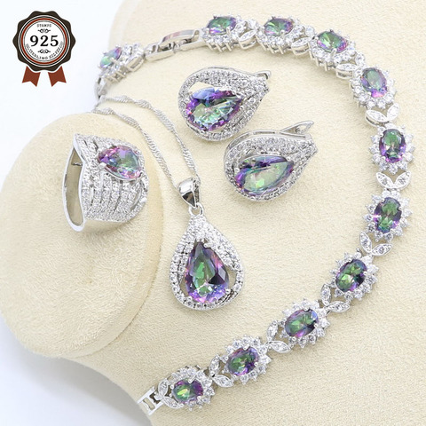 Arc-en-ciel Zircon couleur argent ensemble de bijoux pour les femmes anniversaire de mariage avec Bracelet boucles d'oreilles collier pendentif anneau boîte-cadeau ► Photo 1/6