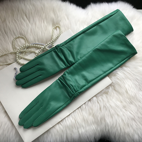 Gants longs en cuir véritable femme, 100% gants longs en peau de mouton pour femmes, gants longs en cuir véritable hiver vert protection contre le froid ► Photo 1/6