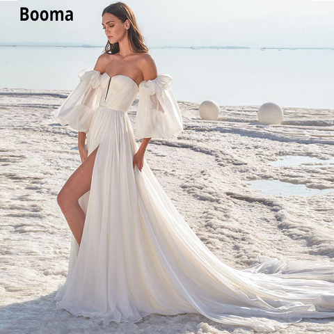 Booma Boho robes de mariée plage sans bretelles manches longues bouffantes en mousseline de soie col en v robe de mariée balayage Train sur mesure robe de mariée ► Photo 1/6