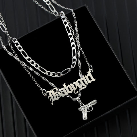 Flatfoosie – collier avec pendentif pistolet pour femmes, multicouches, Punk, Hip Hop, couleur argent, lettre, clavicule, chaîne, bijoux ► Photo 1/6