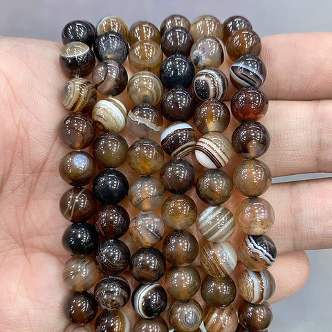 Perles rondes en Agates à rayures brunes, pierre naturelle, accessoires pour la fabrication de bijoux, Bracelet et collier, 15 pouces, 4 6 8 10 12 14MM ► Photo 1/2