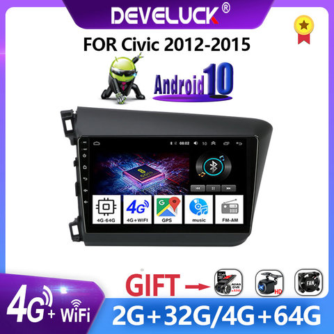 Autoradio Android 10.0, 4 go/64 go, RDS, DSP + 48EQ, Navigation GPS, WIFI, lecteur multimédia vidéo, 2 Din, pour voiture Honda Civic (2012 – 2015) ► Photo 1/6