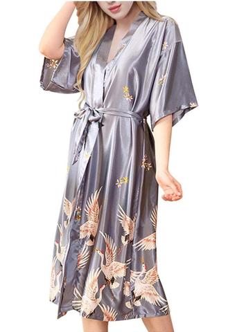 Gris satin Long peignoir femmes mariage mariée Robe de demoiselle d'honneur chemise de nuit vêtements de nuit imprimé grue Kimono taille S M L XL XXL XXXL ► Photo 1/6