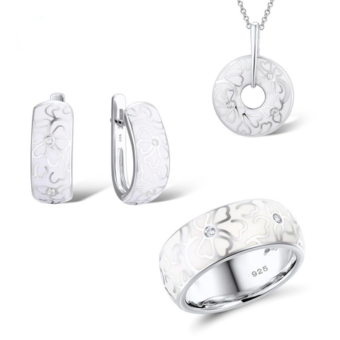 Bijoux fantaisie pour femmes émail blanc fleur CZ anneau boucles d'oreilles pendentif collier ► Photo 1/5