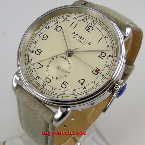 42mm PARNIS cadran blanc cassé cadran blanc noir 24 heures ST 1690 mouvement automatique montre pour hommes verre arrière bracelet en cuir ► Photo 1/6