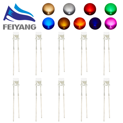 100 pièces 3mm 2 broches plat haut blanc rouge jaune bleu vert grand Angle Diode électroluminescente lampe LED ► Photo 1/2