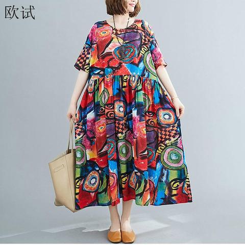 Robe longue bohème en coton pour femmes, tenue de plage, grande taille, imprimé floral, décontractée, ample, style Boho, élégante, été, 2022 ► Photo 1/6