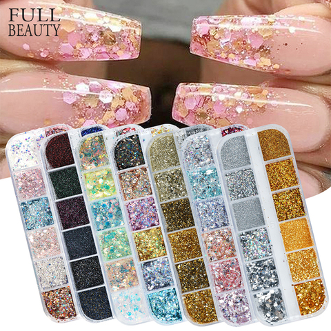 Paillettes holographiques paillettes paillettes 12 pièces en 1 or Rose argent bricolage papillon trempage poudre pour acrylique ongles outils CH1585 ► Photo 1/6