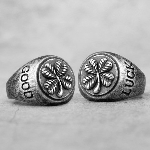 Bague porte-bonheur en acier inoxydable pour homme et femme, bijou de motard, trèfle à quatre feuilles, rétro, vieux noir, cadeau créatif, vente en gros ► Photo 1/6