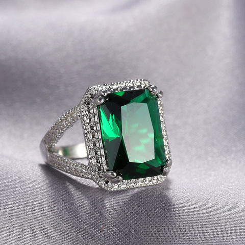 Bague de fiançailles de mariage pour femmes, couleur argent, Vintage 100%, grands anneaux carrés en cristal vert, vente en gros ► Photo 1/5