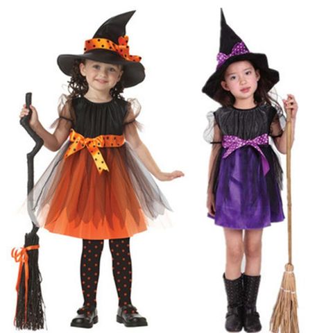 Enfant en bas âge fille sorcière Cosplay Costume enfants robe à manches courtes avec ruban à pois chapeau pointu pour Halloween conte de fées accessoires de fête ► Photo 1/6