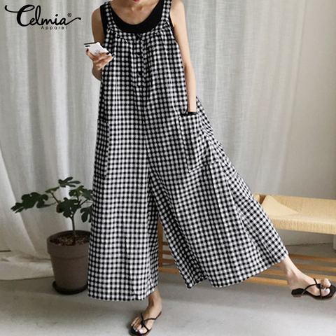 Celmia mode femmes Vintage Plaid combinaisons large jambe pantalon mode sans manches pantalon décontracté coupe large combishorts grande taille dans l'ensemble ► Photo 1/6