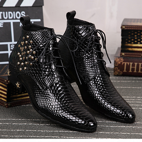 Bottes en cuir noir brillant pour hommes, chaussures chelsea à la mode à rivets, bonne qualité, tendance chaussures pour hommes, tendance à lacets ► Photo 1/6