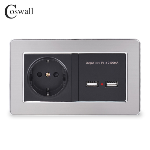 COSWALL – prise de courant murale Standard ue, double USB, Port de Charge à Induction intelligent, pour Mobile 5V, 2.1a, panneau en acier inoxydable ► Photo 1/4