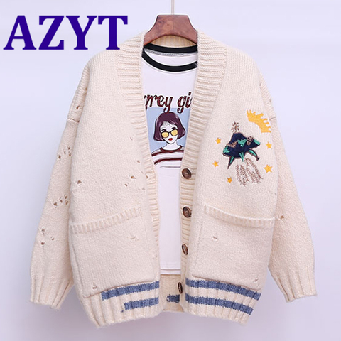 AZYT – Cardigan tricoté pour femme, surdimensionné, avec broderie de dessin animé, manteau Harajuku, ample, élégant, col en V, collection automne hiver ► Photo 1/6