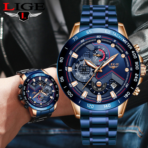 LIGE hommes d'affaires montre de luxe marque bleu acier inoxydable montre-bracelet chronographe armée militaire Quartz montres Relogio Masculino ► Photo 1/6