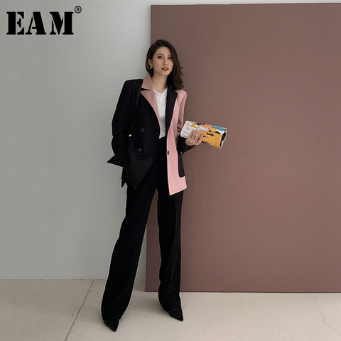 [EAM] femmes noir contraste couleur grande taille Blazer nouveau revers à manches longues coupe ample veste mode marée printemps automne 2022 1W482 ► Photo 1/5