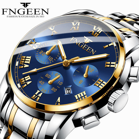 FNGEEN – montre à Quartz en acier inoxydable pour hommes, marque de luxe, sport, lumineux, calendrier ► Photo 1/6