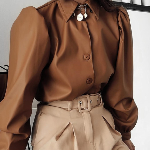 ZHYMIHRET 2022 automne hiver en cuir PU Blouse femmes bouton manches bouffantes chemise Streetwear casual col rabattu Blusas Feminina ► Photo 1/6