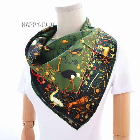 Foulard de luxe en soie naturelle pour femmes, vert armée, imprimé d'oiseau, 100% vraie soie sergé, châle enveloppant carré 90cm, bandana, cadeau pour dame ► Photo 1/5