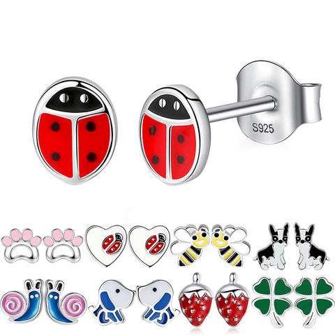 ELESHE – boucles d'oreilles en argent Sterling 925 pour enfants, bijoux en émail rouge, coccinelle, à la mode, pour filles ► Photo 1/6