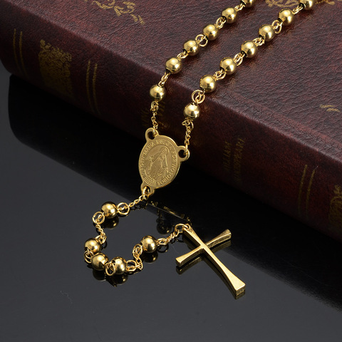 Jésus croix pendentif collier en acier inoxydable couleur or pour les femmes religieux chrétien bijoux chapelet perles simples cadeaux ► Photo 1/6