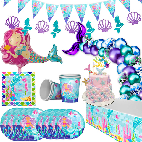WEIGAO – décoration de fête petite sirène, Kit de vaisselle jetable sous la mer, fournitures de fête d'anniversaire pour premier anniversaire de fille ► Photo 1/6