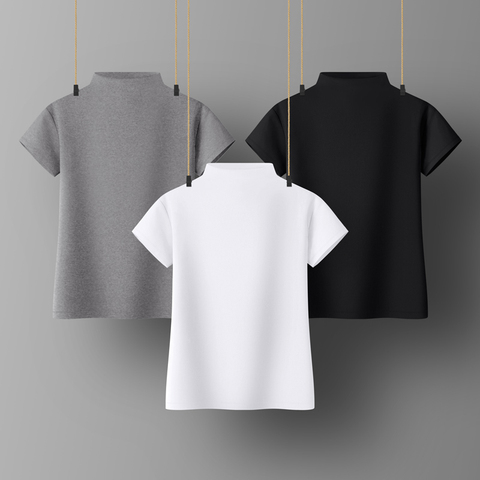 T-shirt à manches courtes col roulé femme, en coton, assorti avec tout, disponible en noir, blanc, gris et jaune ► Photo 1/6