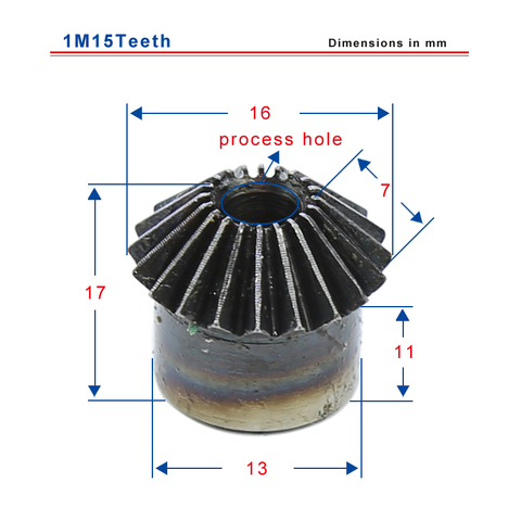 Engrenage biseauté à 15 dents, diamètre extérieur 16mm, hauteur totale 17mm, trou de processus, matériau en acier à faible teneur en carbone ► Photo 1/1