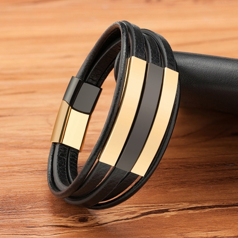 Bracelet en cuir pour hommes en acier inoxydable, accessoires à la mode, combinaison multicouche, fermeture à aimant réglable, grande remise ► Photo 1/6