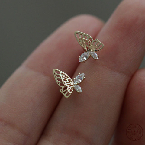 Boucles d'oreilles papillon en argent Sterling 925 pour femmes, bijoux européens asymétriques simples, creux, cristaux incrustés, bijoux de mariage exquis ► Photo 1/6