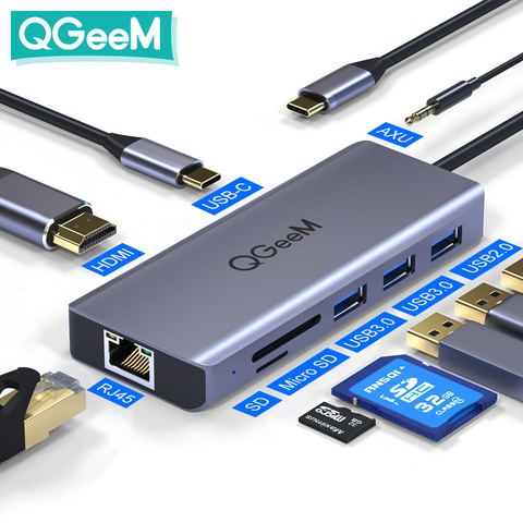 QGeeM Hub USB C pour Macbook Pro Air Xiaomi HDMI VGA SD Lecteurs de carte Micro SD Chargeur RJ45 Aux PD Hub Multi USB Type C Dock 3.0 avec adaptateur secteur Splitter pour ordinateurs portables Tablettes Accessoires PC ► Photo 1/6