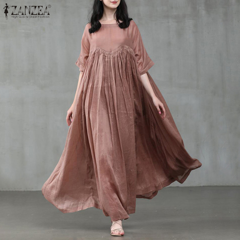 Grande taille Vintage été longue robe ZANZEA femmes O cou demi manches robe de soleil décontracté solide partie plissée Vestidos caftan 5XL 7 ► Photo 1/6