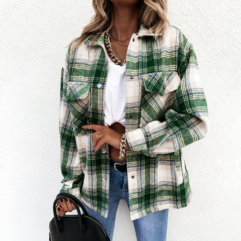 Femmes chemises automne hiver surdimensionné décontracté Plaid à manches longues poche bouton jusqu'à col veste hauts Blouses de mode chemise à carreaux ► Photo 1/6