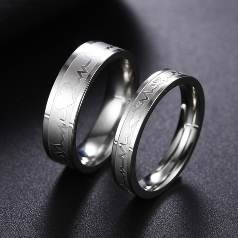 ECG-bague de couple pour hommes et dames, bijoux simples, bague en acier inoxydable, cadeau commémoratif de la saint-valentin ► Photo 1/6