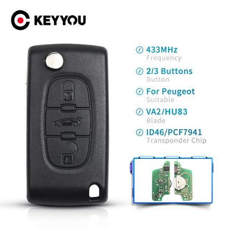 KEYYOU – clé télécommande à molette VA2/HU83, 2/3BT, 433Mhz, transpondeur ID46, pour voiture Peugeot 307, 3008, 308, 408, 433, CE0536, CE0523 ► Photo 1/6