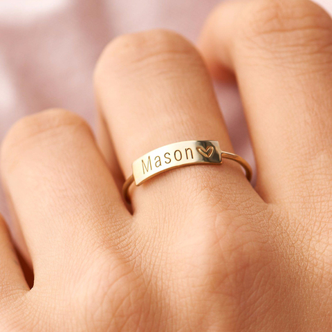 Bague chevalière Rectangle minimaliste pour femmes personnalisé nom timbre bande ton or bijoux en acier inoxydable cadeau Initial personnalisé ► Photo 1/6