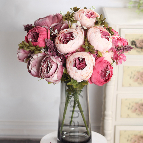 Pivoine artificielle en soie rose 50cm, grand Bouquet, fausses fleurs blanches, bricolage, couronne de décoration pour mariage, fête, hôtel ► Photo 1/6