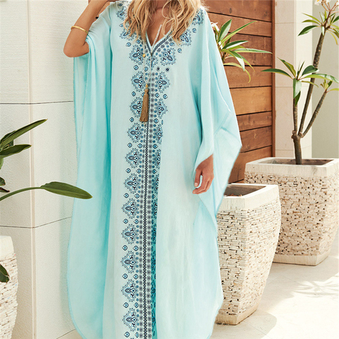 Robe longue brodée, manches cape, col en v, symétrique, ample, grande taille, Kaftan, vêtements d'été, grande taille, N576, 2022 ► Photo 1/6