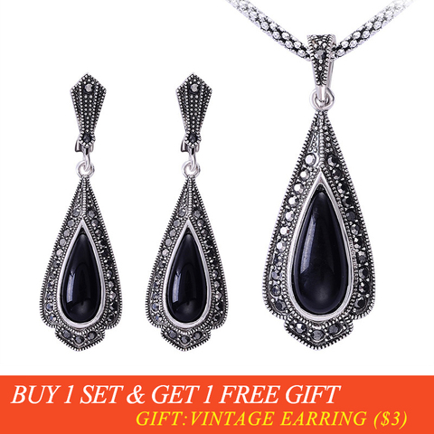 Ajojewel-ensemble de bijoux noirs Vintage pour femmes, pendentif, goutte d'eau, boucles d'oreilles, ensemble avec strass ► Photo 1/6