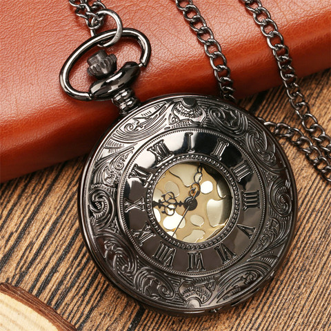 Montre de poche Vintage à Quartz avec chaîne, pendentif, noir/Bronze, style romain ► Photo 1/6