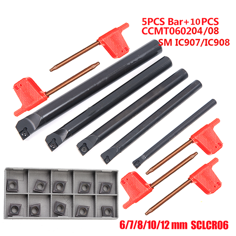 Support de tour, outil de tournage, barre d'alésage SCLCR06 6 7 8 10 12mm + 10 pièces CCMT060204 CCMT060208 inserts cnc ensemble d'outils de tournage 5 pièces ► Photo 1/4