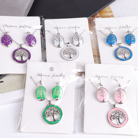 Vente chaude nouveau élégant arbre de la vie ensemble de bijoux pendentif collier et boucles d'oreilles mode femmes bijoux cadeaux ► Photo 1/6