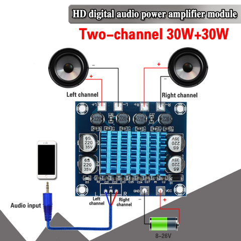 TPA3110 XH-A232 amplificateur de puissance Audio stéréo numérique, 2.0 canaux 30W + 30W, carte DC 8-26V 3A C6-001 ► Photo 1/4