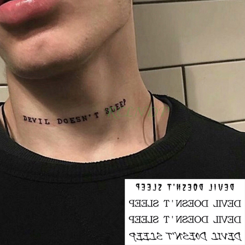 Faux tatouage temporaire pour hommes et femmes, autocollant noir diable ne dort pas, lettres anglaises Flash, faux tatouage pour le cou ► Photo 1/6