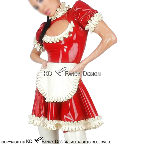 Rouge et blanc Sexy femme de chambre française robe en Latex avec tablier col haut fermeture éclair dos en caoutchouc uniforme combishort moulante LYQ-0125 ► Photo 1/1