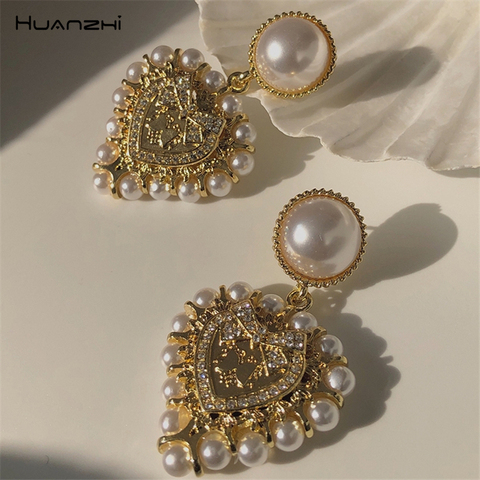 HUANZHI 2022 Vintage Baroque perle grand amour coeur goutte boucles d'oreilles couleur or métal géométrique pour les femmes filles fête voyage bijoux ► Photo 1/6