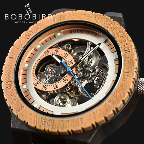 BOBO BIRD-montre mécanique en bois pour hommes, boîtier de luxe, Design rétro, avec étiquette or à côté de la montre-bracelet automatique et multifonction ► Photo 1/6