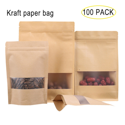 100 Pcs/Lot tiennent des poches de papier Kraft avec des fenêtres casse-croûte alimentaire Ziplock sacs écrous scellés sacs d'emballage alimentaire avec l'entaille de larme ► Photo 1/6